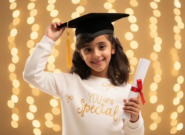 A Saudi girl celebrates graduation with a certificate. A Saudi girl celebrates graduation with a certificate.