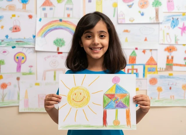 A girl holding a colorful drawing, an activity and a means of expression.