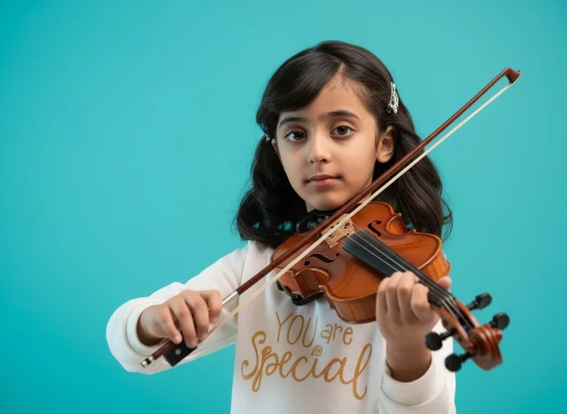 A Saudi girl plays the violin in the studio.