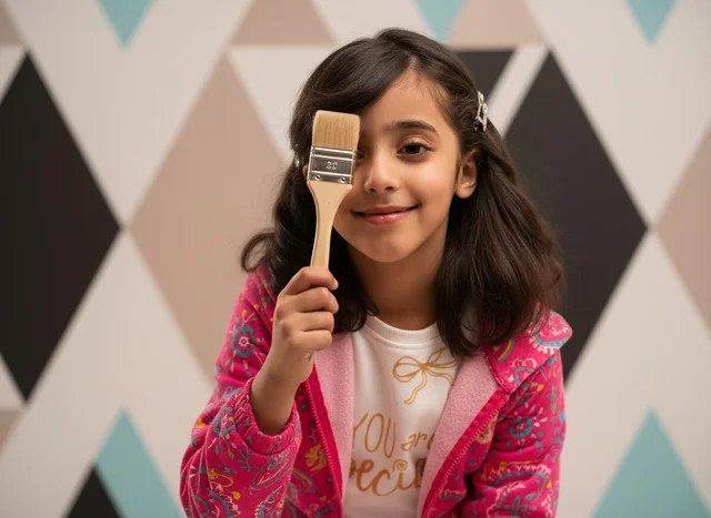 Saudi Girl Holding Paintbrush with Geometric Background