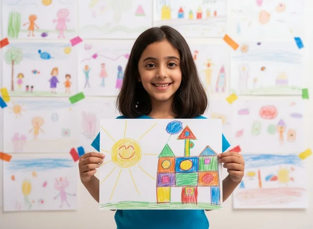 طفلة تحمل رسم ملون نشاط و وسيلة تعبير
