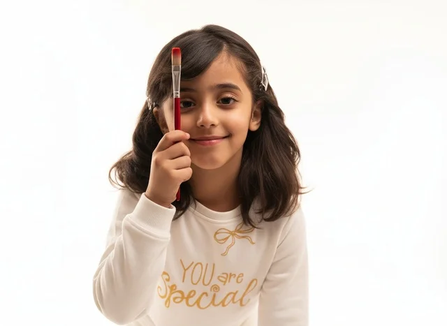 A Saudi girl holding a paintbrush against a white background.
