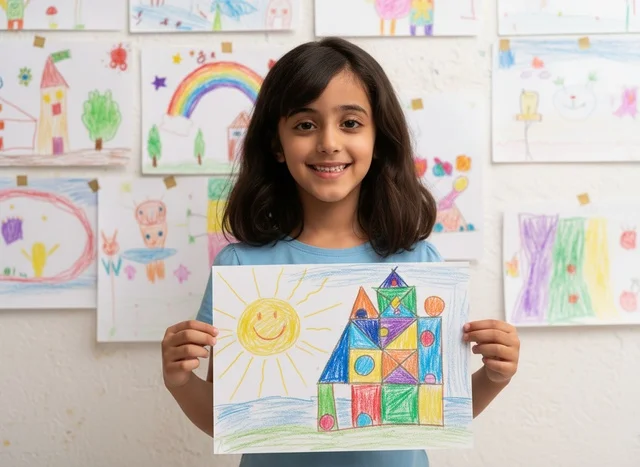 طفلة تحمل رسم ملون نشاط و وسيلة تعبير
