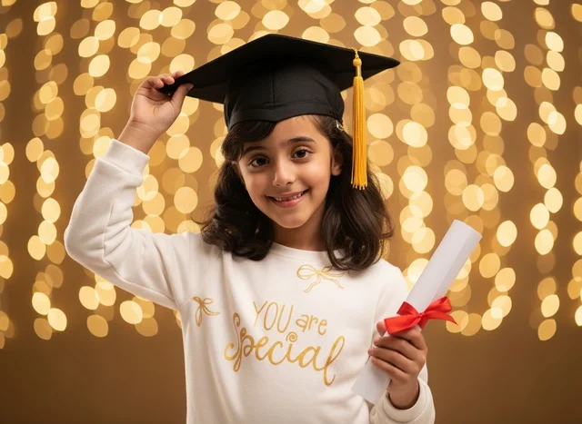 Saudi Girl Graduation Portrait with Golden Bokeh Lights