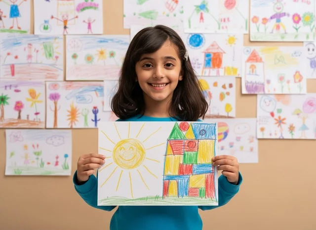 طفلة تحمل رسم ملون نشاط و وسيلة تعبير