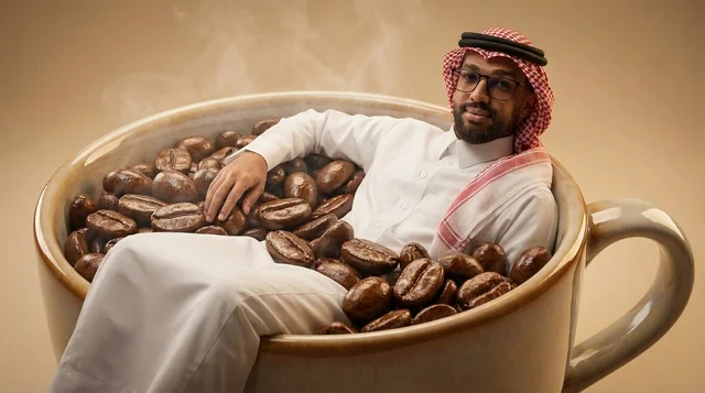 رجل يرتدي زي تقليدي الثوب والشماغ يجلس داخل فنجان قهوة ضخم