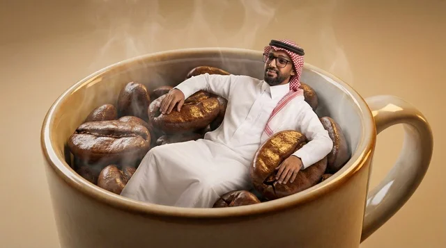 رجل يرتدي زي تقليدي الثوب والشماغ يجلس داخل فنجان قهوة ضخم