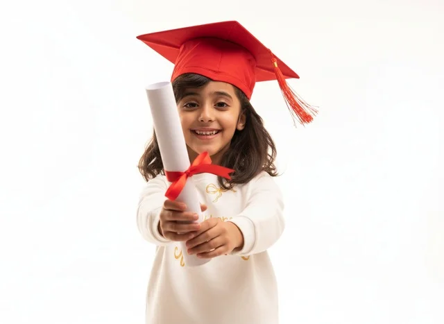 A Saudi girl celebrates graduation with a certificate.