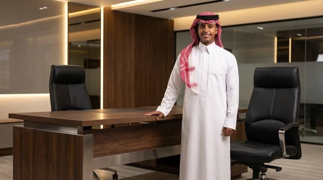 رجل أعمال سعودي يقف في مكتب شركات حديث