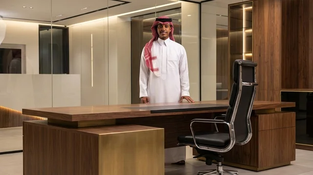 Saudi Businessman Standing Behind Executive Desk in Office
