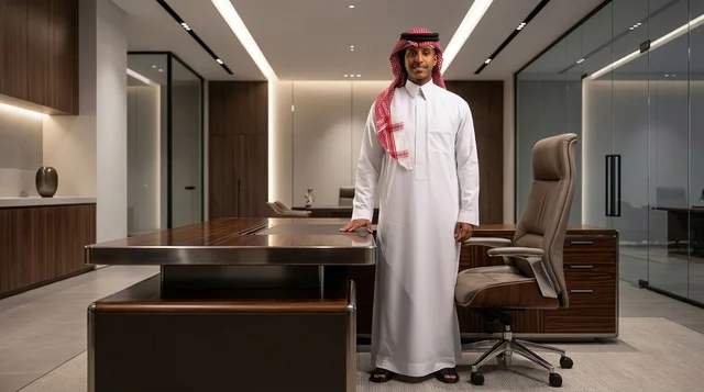 رجل سعودي يعرض أثاث فاخر في معرض حديث