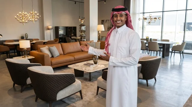 رجل سعودي يعرض أثاث فاخر في معرض حديث