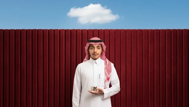 Saudi Man in Traditional Thobe Holding Perfume Bottle