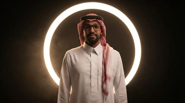 رجل سعودي بالثوب التقليدي مع إضاءة استوديو حلقية