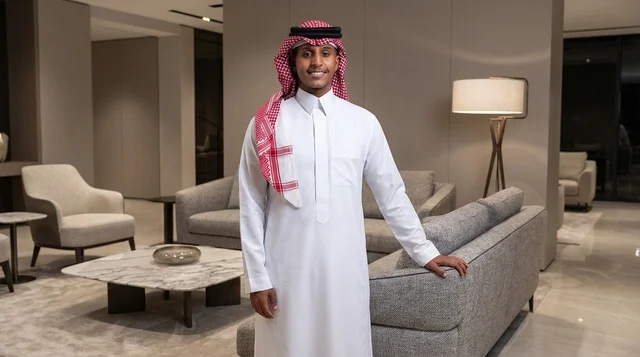 رجل سعودي يرتدي الزي التقليدي في غرفة معيشة حديثة