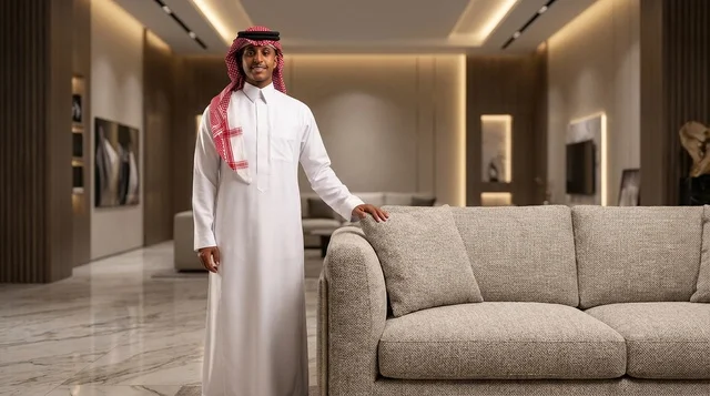 Saudi Man in Traditional Thobe in Luxury Living Room