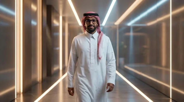 Saudi Businessman Walking in Modern Futuristic Hallway