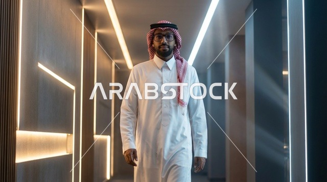 رجل سعودي بالثوب التقليدي يمشي في ممر حديث