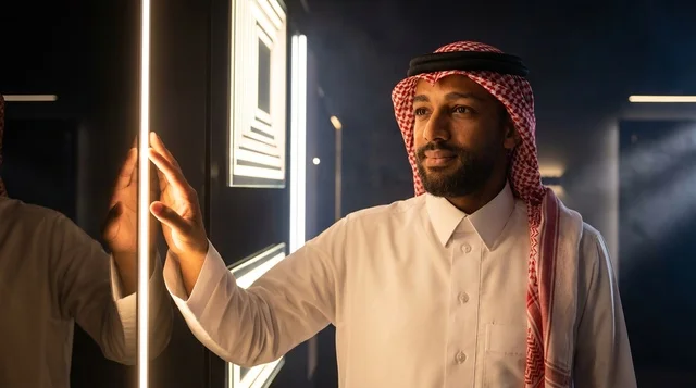 Saudi Man in Traditional Thobe with Neon Light