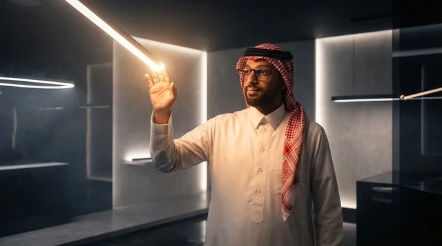 A Saudi man in traditional attire with modern neon lighting.