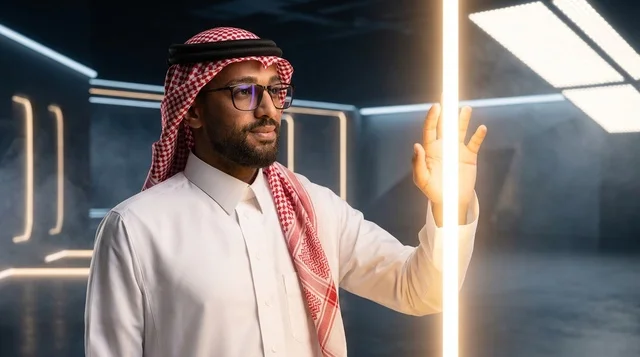 Saudi Man Interacting with Futuristic Glowing Light Beam Saudi Man Interacting with Futuristic Glowing Light Beam