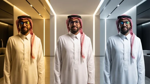 A Saudi man in traditional attire in a modern interior decor.