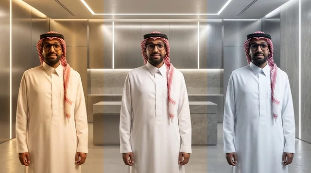 رجل سعودي بالزي التقليدي في ديكور داخلي حديث