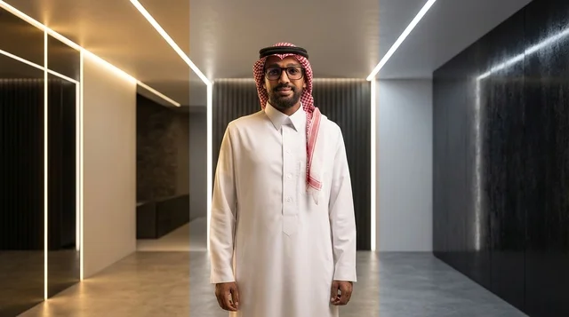 Saudi Businessman in Modern Office with LED Lighting