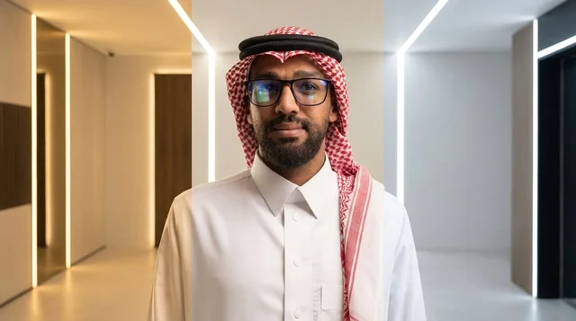 Saudi Businessman in Modern Office Hallway Portrait
