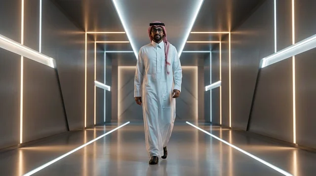 رجل أعمال سعودي في مكتب حديث مع إضاءة ليد