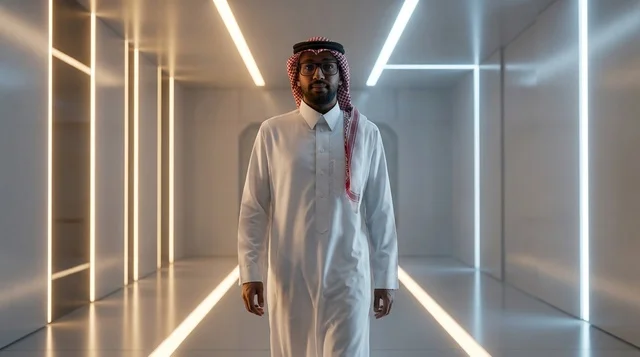 A Saudi businessman in a modern office with LED lighting.