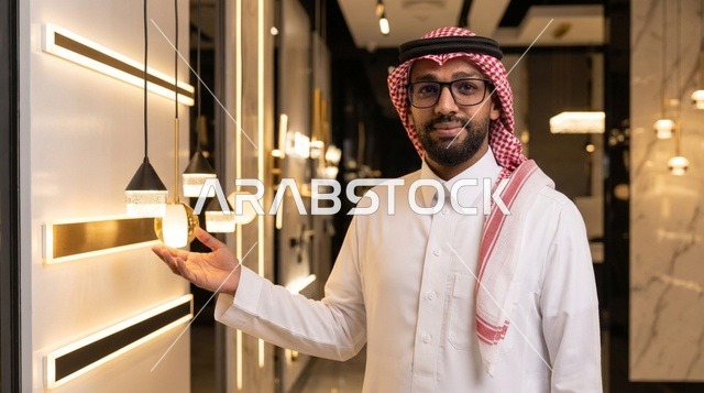 رجل سعودي يشير إلى وحدات إضاءة حديثة في معرض