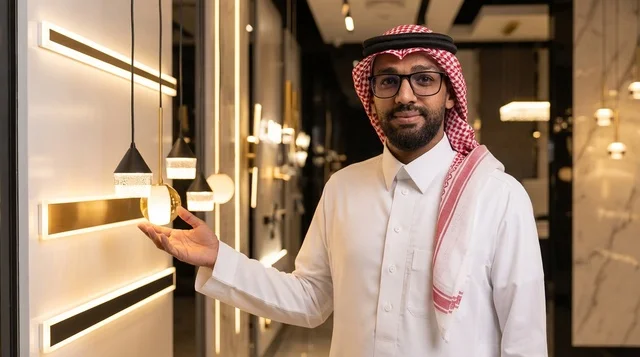 Saudi Man Pointing at Modern Lights in Showroom