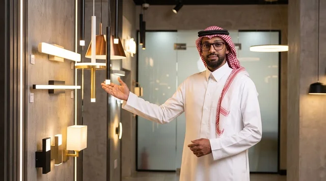 Saudi Man Pointing at Lamps in Modern Lighting Store