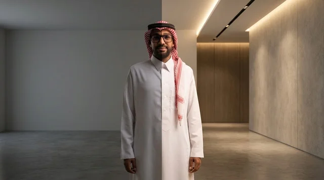 Saudi Man in Traditional Dress in Modern Hallway