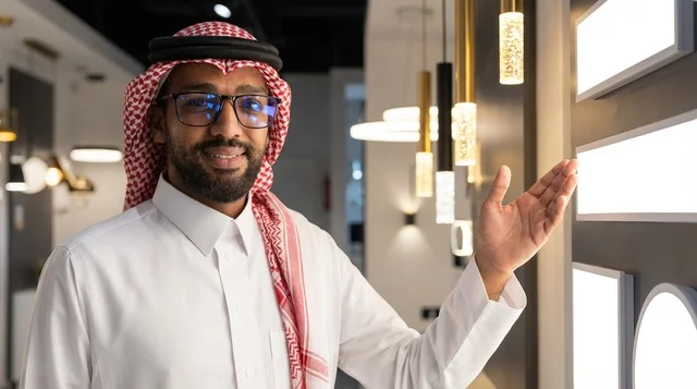 رجل سعودي بالزي التقليدي في معرض لوحدات الإضاءة