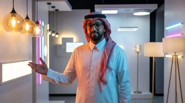 رجل سعودي بالزي التقليدي في معرض لوحدات الإضاءة