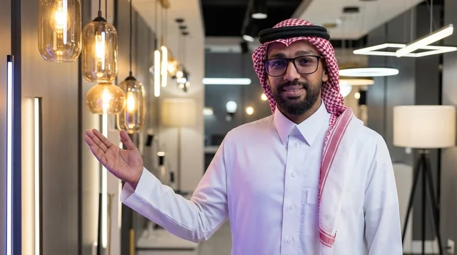 رجل سعودي يعرض المصابيح في معرض إضاءة حديث