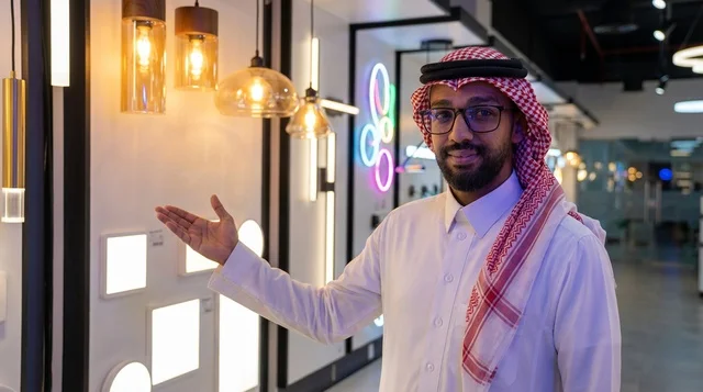Saudi Man Gesturing in Modern Lighting Showroom Interior