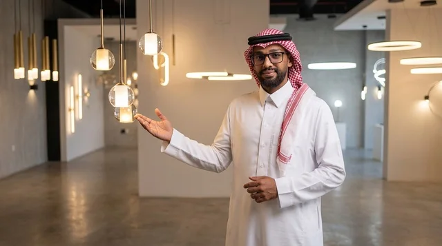 Saudi Businessman Gesturing in Modern Lighting Showroom