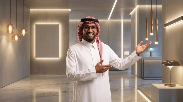 رجل سعودي بالزي التقليدي في معرض لوحدات الإضاءة