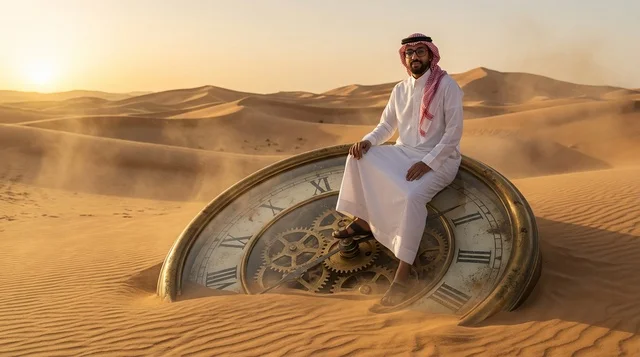 رجل سعودي فوق ساعة ضخمة في الصحراء وقت الغروب