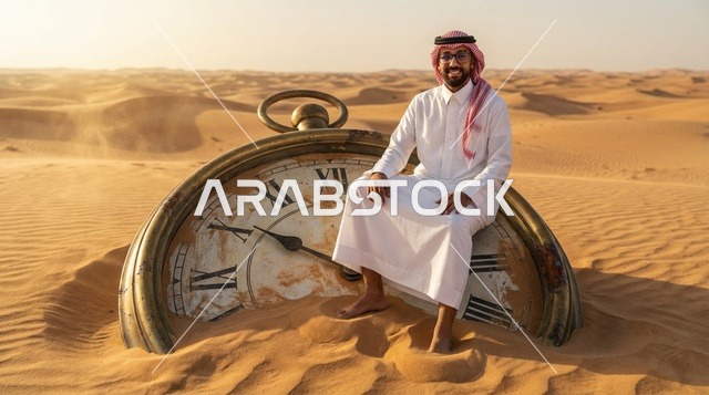 رجل سعودي يجلس على ساعة ضخمة في الصحراء وقت الغروب