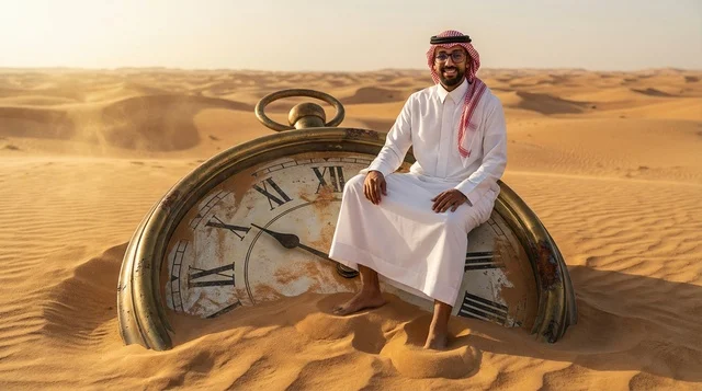 A Saudi man sits on a huge clock in the desert at sunset.