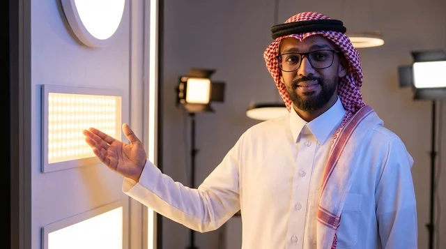 رجل سعودي بالزي التقليدي في معرض لوحدات الإضاءة