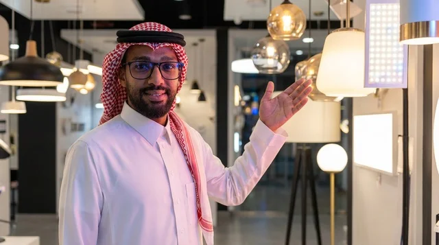 رجل سعودي بالزي التقليدي في معرض لوحدات الإضاءة
