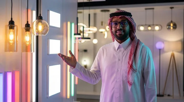 رجل سعودي بالزي التقليدي في معرض لوحدات الإضاءة