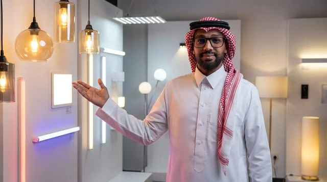 رجل سعودي بالزي التقليدي في معرض لوحدات الإضاءة
