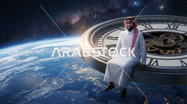 Saudi Man on Giant Clock Over Earth in Space