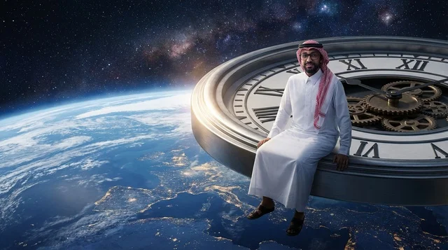 Saudi Man on Giant Clock Over Earth in Space